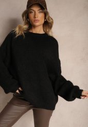 Czarny Klasyczny Sweter z Wełną i Wiskozą o Luźnym Kroju Omethea. Czarne swetry Renee, bez wzorów, z jeansu, casualowe, bez ramiączek. Za 179.99 zł.