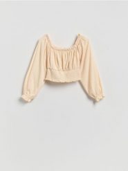 Bluzka z marszczeniem - jasnożółty. Żółte bluzki Reserved, l, bez wzorów, z dzianiny, bez kołnierzyka, bez ramiączek. Za 59.99 zł.