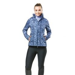 Kurtka przeciwdeszczowa do jazdy konnej damska z nadrukiem Dublin Cortina. Niebieskie kurtki DUBLIN, bez wzorów, eleganckie, bez kaptura. Za 448.00 zł.