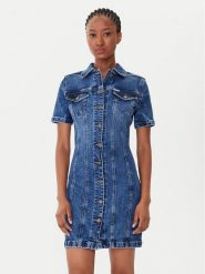 Guess Jeans Sukienka jeansowa W5YK55 D5R11 Niebieski Slim Fit. Niebieskie sukienki Guess Jeans, s, z aplikacjami, z bawełny, bez kołnierzyka, bez ramiączek, koszulowe. Za 249.99 zł.