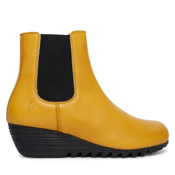 Botki Fly London. Żółte botki Fly London, bez wzorów, bez obcasa, na koturnie, bez zapięcia. Za 639.99 zł.