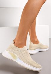 Beżowe Buty Sportowe na Tłoczonej Podeszwie z Elastyczną Cholewką Taiden. Brązowe buty sportowe lifestyle Renee, bez wzorów, sportowe, bez zapięcia. W wyprzedaży za 47.99 zł.