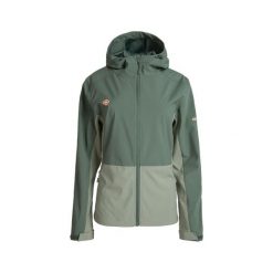 Kurtka damska typu soft shell LANETTE W, wodoodporna, wiatroszczelna i termiczna. Zielone kurtki przejściowe sportowe IZAS, bez wzorów, z softshellu, bez kaptura, trekkingowe. Za 443.43 zł.