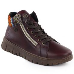 Skórzane botki damskie trapery bordowe Rieker N1305-35. Czerwone traperki Rieker, bez wzorów, ze skóry, bez obcasa, bez zapięcia. Za 439.00 zł.