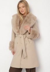 Beżowy Elegancki Płaszcz o Dwurzędowym Kroju z Futerkiem Landrie. Brązowe płaszcze Born2be, xl, bez wzorów, z dzianiny, eleganckie, bez kaptura. Za 279.99 zł.