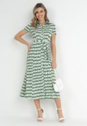 Zielona Koszulowa Sukienka Maxi z Materiałowym Paskiem Rainora. Zielone sukienki Born2be, na co dzień, l, bez wzorów, z materiału, eleganckie, bez kołnierzyka, bez ramiączek, maxi, kopertowe. Za 219.99 zł.
