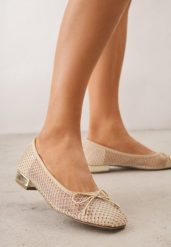 Beżowe Siateczkowe Balerinki ze Skórzaną Wkładką Cyrkoniami i Kokardą Ravalana. Brązowe baleriny Born2be, z aplikacjami, z jeansu, biznesowe, bez obcasa, bez zapięcia. Za 69.99 zł.