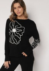 Czarny Sweter Ozdobiony Haftowanymi Kwiatami Halatusea. Czarne swetry Born2be, z aplikacjami, z jeansu, klasyczne, bez ramiączek. Za 69.99 zł.