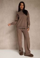 Brązowy Komplet Dzianinowy z Wełną i Bawełną Sweter Golf i Szerokie Spodnie Reipella. Brązowe swetry Renee, bez wzorów, z bawełny, eleganckie, bez ramiączek. Za 119.99 zł.