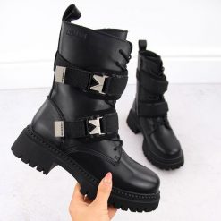 Skórzane workery damskie z klamrami czarne Big Star OO274A274. Czarne botki BIG STAR, bez wzorów, ze skóry, retro, bez obcasa, bez zapięcia. Za 180.00 zł.