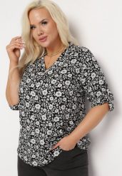 Czarna Bluzka Koszulowa w Kwiaty z Wiskozowej Tkaniny Railen. Czarne bluzki Born2be, l, bez wzorów, z tkaniny, bez kołnierzyka, plus size, bez ramiączek. Za 79.99 zł.