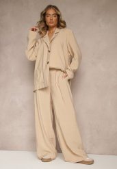 Beżowe Spodnie Low Waist z Modalu z Szeroką Nogawką Reanelira. Brązowe jeansy Renee, bez wzorów, z jeansu, eleganckie, z obniżonym stanem. W wyprzedaży za 99.99 zł.