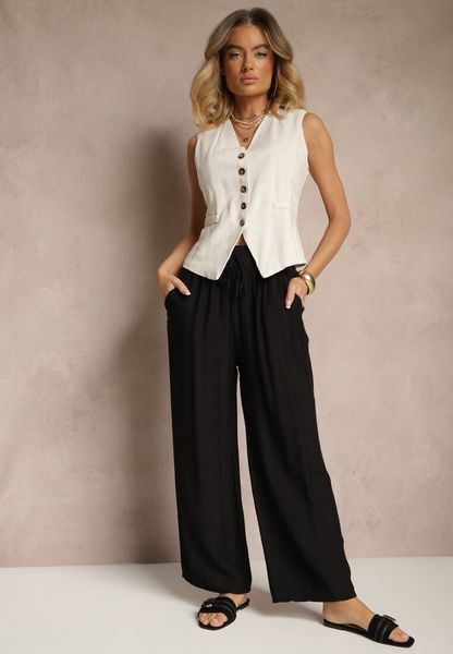 Czarne Spodnie Typu Palazzo o Szerokim Kroju High Waist Ozdobione Wiązaniem Yaslevia. Czarne jeansy Renee, bez wzorów, z jeansu, eleganckie, z podwyższonym stanem. Za 39.99 zł.