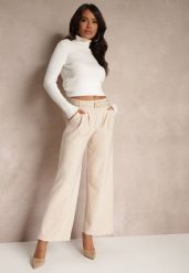 Beżowe Garniturowe Spodnie High Waist z Gumką i Dodatkowym Paskiem w Talii Mattine. Brązowe jeansy Renee, m, bez wzorów, z dzianiny, z podwyższonym stanem. W wyprzedaży za 39.99 zł.