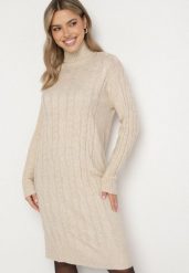 Jasnobeżowa Sweterkowa Sukienka z Golfem Wełną i Bawełną Ozdobiona Splotem Reiania. Brązowe sukienki Born2be, do pracy, bez wzorów, z bawełny, biznesowe, bez kołnierzyka, bez ramiączek, proste. Za 79.99 zł.