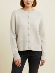 Kardigan z guzikami z domieszką wełny - beżowy. Brązowe swetry Sinsay, l, bez wzorów, z wełny, bez ramiączek. Za 49.99 zł.