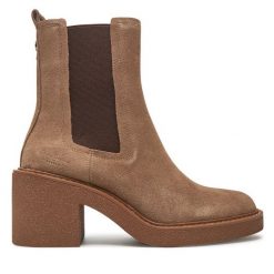 Sztyblety Pepe Jeans. Brązowe botki Pepe Jeans, bez wzorów, z jeansu, bez obcasa, na słupku, bez zapięcia. Za 359.99 zł.