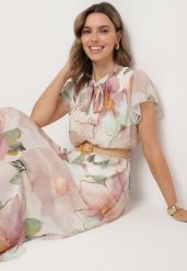 Beżowa Sukienka o Rozkloszowanym Kroju z Wiązaniem przy Dekolcie i Paskiem Sorilina. Brązowe sukienki Born2be, na co dzień, l, bez wzorów, eleganckie, bez kołnierzyka, bez ramiączek, maxi, rozkloszowane. W wyprzedaży za 127.49 zł.
