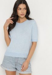 Niebieski Sweter z Wełną i Krótkim Rękawem Turosa. Niebieskie swetry Born2be, bez wzorów, z jeansu, eleganckie, bez ramiączek. W wyprzedaży za 84.99 zł.
