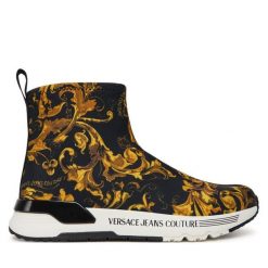 Botki Versace Jeans Couture. Czarne botki Versace Jeans Couture, bez wzorów, z jeansu, bez obcasa, na płaskiej podeszwie, bez zapięcia. Za 509.99 zł.