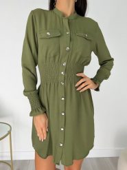 Khaki Sukienka/Tunika z Guzikami 8878-258-E. Zielone sukienki ModnaKiecka.pl, do pracy, l, bez wzorów, z poliesteru, biznesowe, bez kołnierzyka, bez ramiączek. Za 104.99 zł.