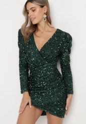 Ciemnozielona Sukienka Mini w Cekiny Belona. Zielone sukienki Born2be, l, bez wzorów, bez kołnierzyka, bez ramiączek, mini, kopertowe. W wyprzedaży za 169.99 zł.
