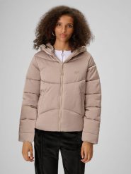 4F Kurtka zimowa z wypełnieniem syntetycznym damska - beżowa S. Brązowe kurtki 4f, na zimę, l, bez wzorów, z materiału, biznesowe, bez kaptura. Za 399.99 zł.