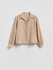 Koszula z haftowanym wzorem - beżowy. Brązowe koszule Reserved, l, bez wzorów, z tkaniny, bez kołnierzyka, bez ramiączek. Za 139.99 zł.