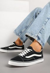 Czarno-Białe Tenisówki Trampki pod Kostkę z Ozdobnym Paskiem Wiolana. Czarne trampki Born2be, bez wzorów, z jeansu, bez zapięcia. W wyprzedaży za 59.49 zł.