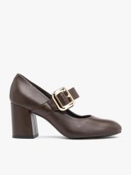 Brązowe czółenka z efektowną klamrą. Brązowe czółenka Ryłko, bez wzorów, z gumy, eleganckie, bez obcasa, na słupku, bez zapięcia. Za 429.99 zł.