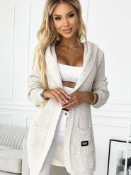Sweter Kardigan Model 488-1 Beige - Numoco. Brązowe swetry NUMOCO, plus size, z aplikacjami, plus size, bez ramiączek. Za 222.78 zł.