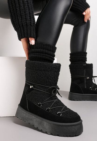 Czarne Futrzane Śniegowce na Platformie z Ozdobnym Wiązaniem Ebele. Czarne śniegowce Renee, bez wzorów, z futra, bez zapięcia. Za 99.99 zł.