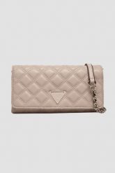 GUESS Damski portfel na łańcuszku w kolorze taupe Giully II Mini. Brązowe portfele Guess, z aplikacjami, z materiału. W wyprzedaży za 297.99 zł.