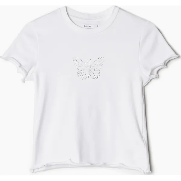 Biały T-shirt - Biały. Białe t-shirty Cropp, l, z aplikacjami, z bawełny, bez kołnierzyka, bez ramiączek. W wyprzedaży za 29.99 zł.