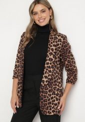 Brązowa Marynarka z Rękawami 3/4 w Panterkę z Ozdobnymi Klapami Dittia. Brązowe marynarki i żakiety Born2be, l, bez wzorów, eleganckie, bez ramiączek. W wyprzedaży za 135.99 zł.