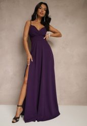 Fioletowa Elegancka Sukienka o Rozkloszowanym Kroju z Rozcięciem na Ramiączkach z Kopertowym Dekoltem Winelia. Fioletowe sukienki Renee, l, bez wzorów, eleganckie, bez kołnierzyka, bez ramiączek, maxi, kopertowe. W wyprzedaży za 195.99 zł.
