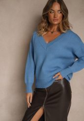 Niebieski Sweter z Kaszmirem i Trójkątnym Dekoltem Plenne. Niebieskie swetry Renee, bez wzorów, z kaszmiru, casualowe, bez ramiączek. Za 139.99 zł.