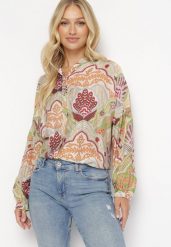 Beżowo-Zielona Koszula w Modny Print z Guzikami Jennifas. Brązowe koszule Born2be, l, bez wzorów, z wiskozy, bez kołnierzyka, bez ramiączek. W wyprzedaży za 84.99 zł.