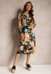 Czarno-Różowa Kopertowa Sukienka z Kwiecistym Printem Aleratoa. Czarne sukienki Renee, na co dzień, l, bez wzorów, eleganckie, bez kołnierzyka, bez ramiączek, midi, kopertowe. W wyprzedaży za 119.99 zł.
