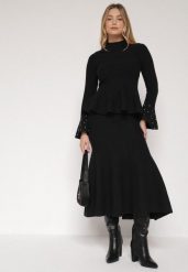 Czarny Dzianinowy Komplet z Wiskozą Spódnica i Sweter z Baskinką i Cyrkoniami Neora. Czarne swetry Born2be, m, bez wzorów, z dzianiny, eleganckie, bez ramiączek. Za 259.99 zł.