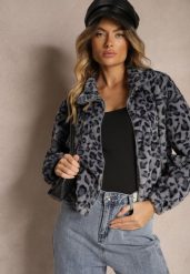 Szara Futerkowa Kurtka w Panterkowy Print o Klasycznym Kroju ze Stójką i Kieszeniami Belabine. Szare kurtki Renee, l, bez wzorów, z jeansu, eleganckie, bez kaptura. W wyprzedaży za 38.49 zł.