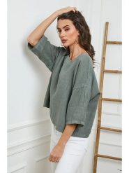 Fleur de Lin Lniana bluzka "Georginia" w kolorze khaki rozmiar: L. Brązowe bluzki Fleur de Lin, l, bez wzorów, ze lnu, bez kołnierzyka, bez ramiączek. Za 140.86 zł.