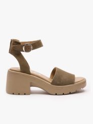 Khaki sandały na traperowym spodzie. Zielone sandały Ryłko, bez wzorów, ze skóry, eleganckie, z okrągłym noskiem, bez obcasa, na obcasie, bez zapięcia. Za 379.99 zł.