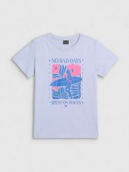 4F T-shirt regular z nadrukiem damski - niebieski XL. Niebieskie t-shirty 4f, xl, bez wzorów, z bawełny, bez kołnierzyka, bez ramiączek. Za 59.99 zł.