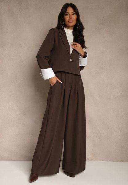 Ciemnobrązowy Garniturowy Komplet Marynarka i Spodnie z Kontrastującymi Zdobieniami Davirielle. Brązowe marynarki i żakiety Renee, z aplikacjami, eleganckie, bez ramiączek. Za 209.99 zł.