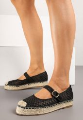 Czarne Siateczkowe Espadryle na Podeszwie z Juty Zapinane na Sprzączkę Geniffia. Czarne espadryle Renee, bez wzorów, bez obcasa. W wyprzedaży za 95.99 zł.