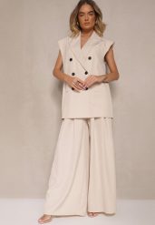 Beżowe Spodnie Garniturowe o Szerokim Kroju High Waist Peavelle. Brązowe jeansy Renee, s, bez wzorów, z jeansu, eleganckie, z podwyższonym stanem. W wyprzedaży za 67.99 zł.