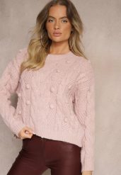 Różowy Sweter z Wełną i Wiskozą Ozdobiony Tłoczeniem i Kulkami Vaiannae. Czerwone swetry Renee, na zimę, m, bez wzorów, z wełny, casualowe, bez ramiączek. W wyprzedaży za 79.99 zł.
