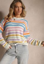 Niebieski Sweter z Dodatkiem Wełny w Kolorowe Paski Aslefa. Niebieskie swetry Renee, m, bez wzorów, z jeansu, casualowe, bez ramiączek. W wyprzedaży za 99.99 zł.
