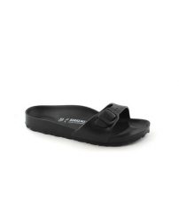 Klapki damskie Birkenstock Eva Madrid Black Eva. Czarne klapki Birkenstock, bez wzorów, z materiału, bez obcasa, bez zapięcia. Za 249.99 zł.